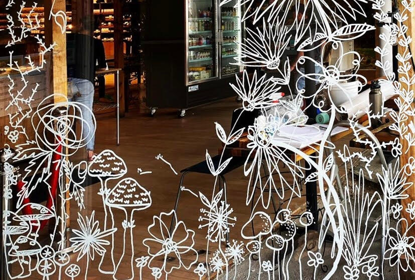 spring wild flowers line art on glass wonky