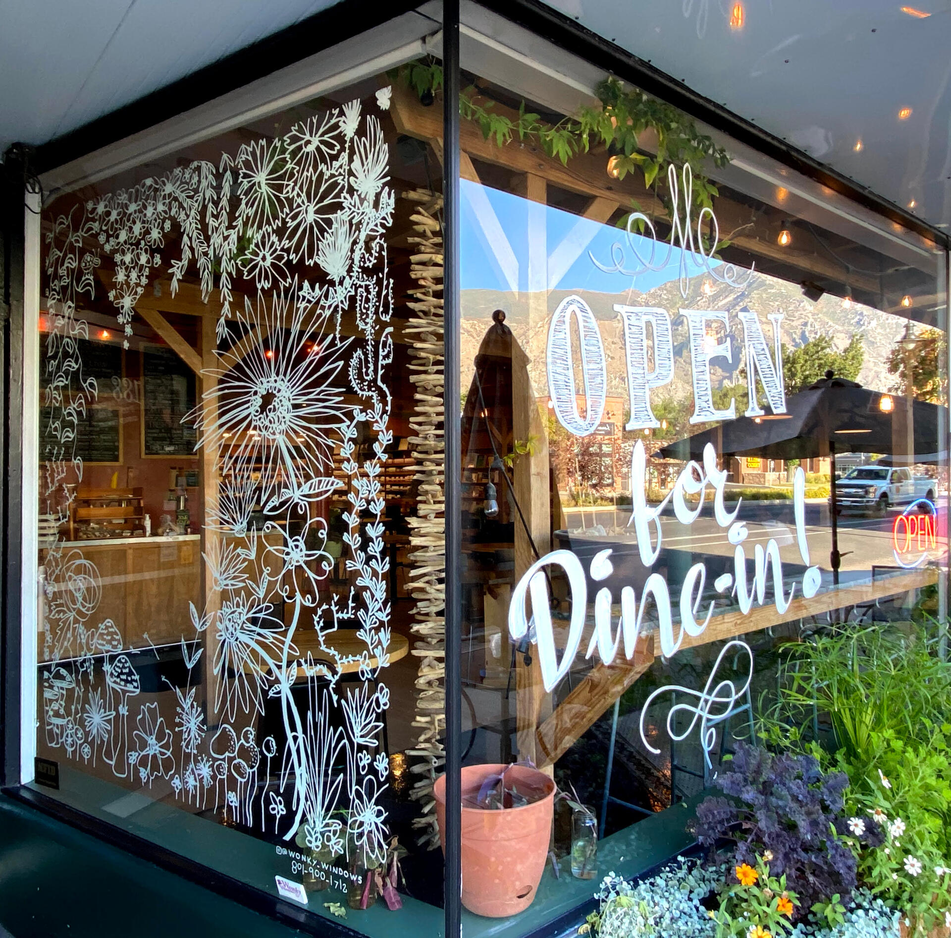 open for dine in sign window art line art painted window